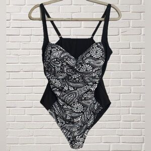 Liz Claiborne Black & White Paisley One Piece Swimsuit Size 12 Tummy Control